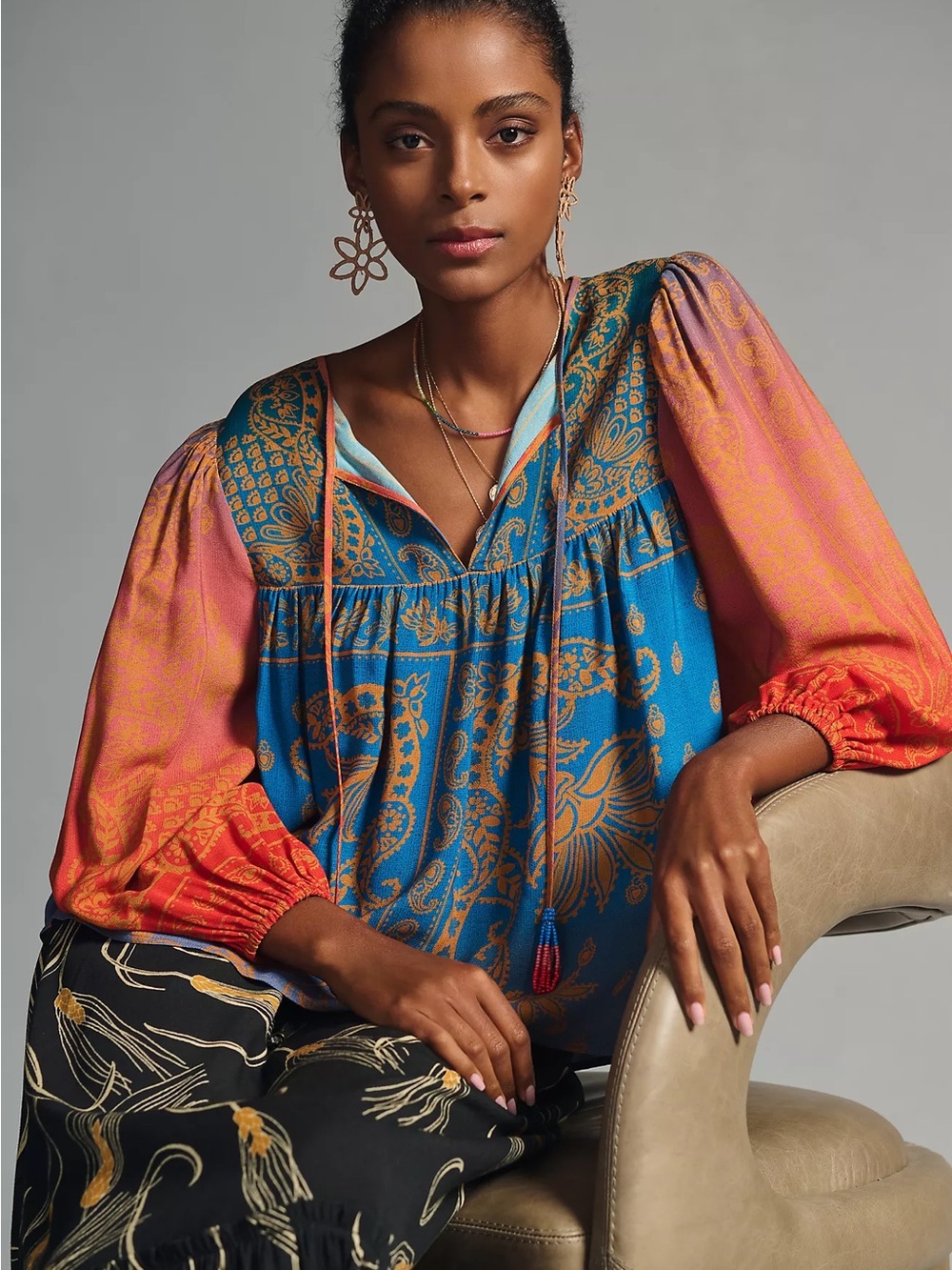 Farm Rio Boho Peasant Beaded Puff Sleeve Blouse Like New